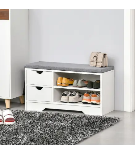 Banco Zapatero con Asiento Estantes y 2 Cajones Capacidad para 4 Pares de Zapatos 80,5x30,5x43,5 cm Blanco y Gris