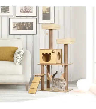 Árbol Rascador para Gatos Altura 130 cm Torre para Gatos con Postes Rascadores de Yute Camas Hamaca 60x40x130 cm Natural