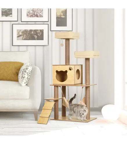 Árbol Rascador para Gatos Altura 130 cm Torre para Gatos con Postes Rascadores de Yute Camas Hamaca 60x40x130 cm Natural