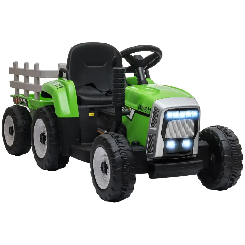 Tractor Eléctrico con Remolque para Niños 3-6 Años con Control Remoto y Cinturón de Seguridad 136,5x50x52,5 cm Verde