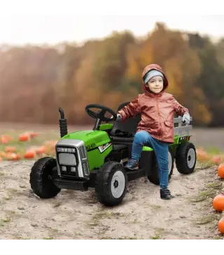 Tractor Eléctrico con Remolque para Niños 3-6 Años con Control Remoto y Cinturón de Seguridad 136,5x50x52,5 cm Verde