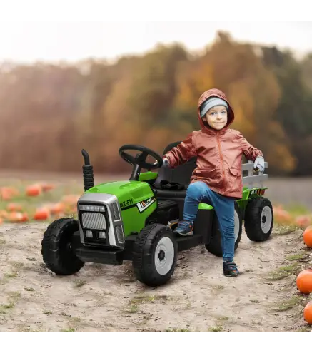 Tractor Eléctrico con Remolque para Niños 3-6 Años con Control Remoto y Cinturón de Seguridad 136,5x50x52,5 cm Verde