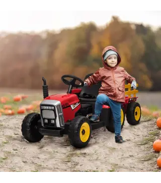 Tractor Eléctrico con Remolque para Niños 3-6 Años con Control Remoto y Cinturón de Seguridad 136,5x50x52,5 cm Rojo