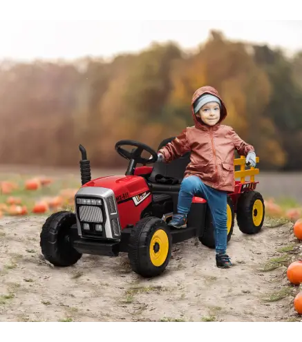 Tractor Eléctrico con Remolque para Niños 3-6 Años con Control Remoto y Cinturón de Seguridad 136,5x50x52,5 cm Rojo