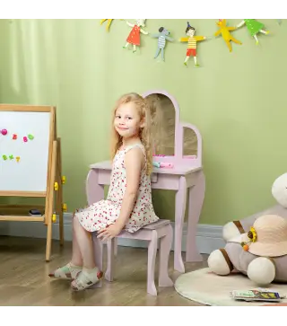 Tocador para Niños con Espejo y Taburete Tocador Infantil Tocador de Maquillaje para Niña de 3 a 6 Años con Cajón Rosa