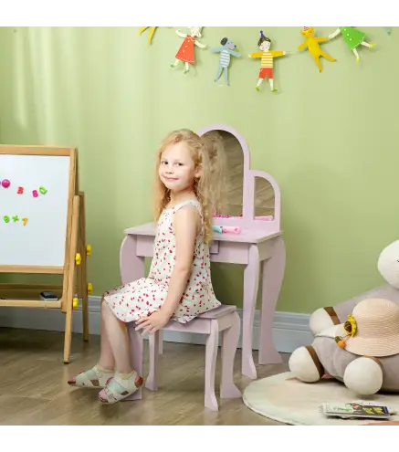 Tocador para Niños con Espejo y Taburete Tocador Infantil Tocador de Maquillaje para Niña de 3 a 6 Años con Cajón Rosa