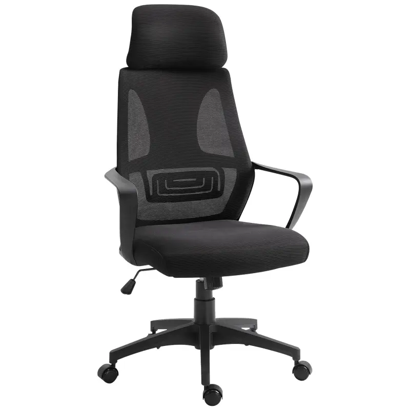 Silla de Escritorio Ajustable con Reposabrazos Reposacabezas y Función Basculante Carga 120 kg 64x55x116-126 cm Negro
