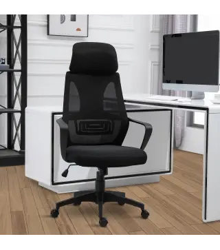 Silla de Escritorio Ajustable con Reposabrazos Reposacabezas y Función Basculante Carga 120 kg 64x55x116-126 cm Negro