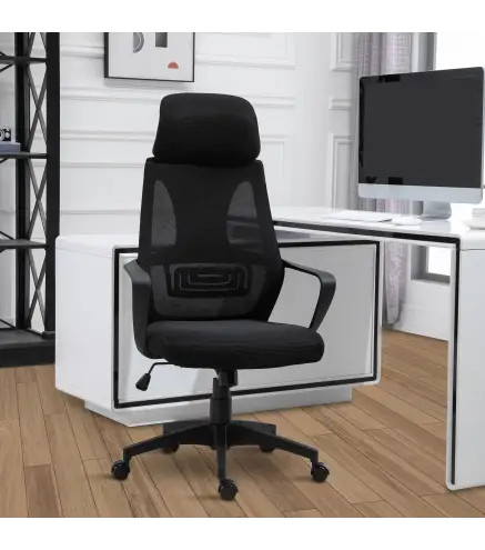 Silla de Escritorio Ajustable con Reposabrazos Reposacabezas y Función Basculante Carga 120 kg 64x55x116-126 cm Negro