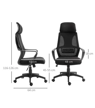 Silla de Escritorio Ajustable con Reposabrazos Reposacabezas y Función Basculante Carga 120 kg 64x55x116-126 cm Negro