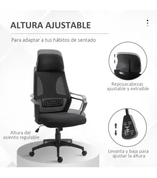 Silla de Escritorio Ajustable con Reposabrazos Reposacabezas y Función Basculante Carga 120 kg 64x55x116-126 cm Negro