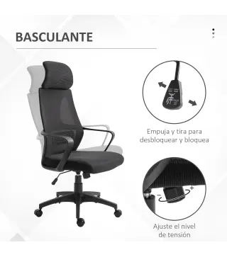 Silla de Escritorio Ajustable con Reposabrazos Reposacabezas y Función Basculante Carga 120 kg 64x55x116-126 cm Negro