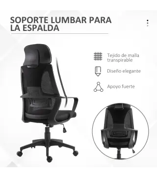 Silla de Escritorio Ajustable con Reposabrazos Reposacabezas y Función Basculante Carga 120 kg 64x55x116-126 cm Negro