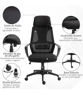 Silla de Escritorio Ajustable con Reposabrazos Reposacabezas y Función Basculante Carga 120 kg 64x55x116-126 cm Negro