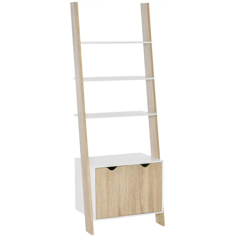 Estantería en Forma de Escalera de Madera Librería con 3 Estantes y 1 Armario de Almacenaje 60x40x171 cm Roble y Blanco
