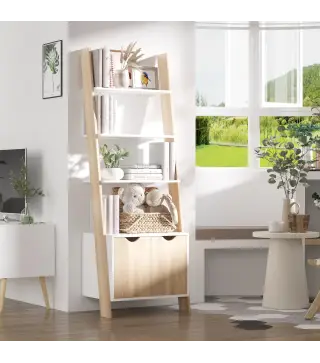 Estantería en Forma de Escalera de Madera Librería con 3 Estantes y 1 Armario de Almacenaje 60x40x171 cm Roble y Blanco