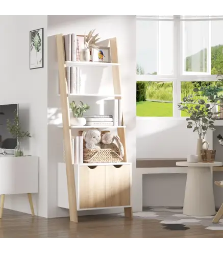 Estantería en Forma de Escalera de Madera Librería con 3 Estantes y 1 Armario de Almacenaje 60x40x171 cm Roble y Blanco