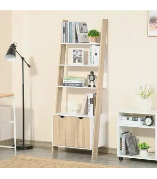 Estantería en Forma de Escalera de Madera Librería con 3 Estantes y 1 Armario de Almacenaje 60x40x171 cm Roble y Blanco