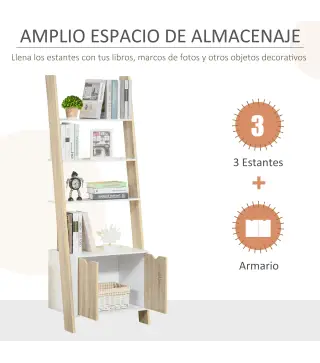 Estantería en Forma de Escalera de Madera Librería con 3 Estantes y 1 Armario de Almacenaje 60x40x171 cm Roble y Blanco