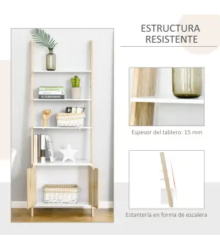 Estantería en Forma de Escalera de Madera Librería con 3 Estantes y 1 Armario de Almacenaje 60x40x171 cm Roble y Blanco