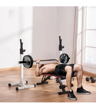 Soporte Barras Pesas de Acero con Altura Ajustable en 12 Niveles Carga Máx. 150 kg 52x48x105-160 cm Blanco