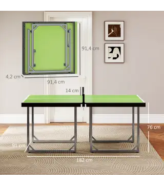 Mesa de Ping-Pong Plegable con Red y Marco de Acero Fácil de Transportar para Interior y Exterior 182x91x76 cm Verde