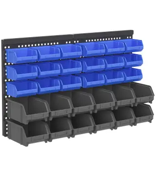 Estantería de Pared para Herramientas de 33 Piezas 63x18x37,5 cm con 30 Cajas Desmontable y 2 Paneles Azul y Gris