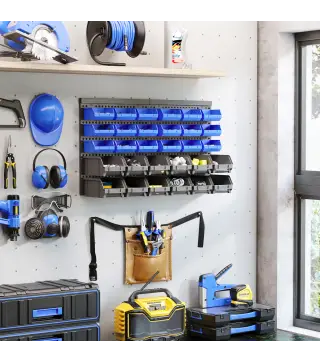 Estantería de Pared para Herramientas de 33 Piezas 63x18x37,5 cm con 30 Cajas Desmontable y 2 Paneles Azul y Gris