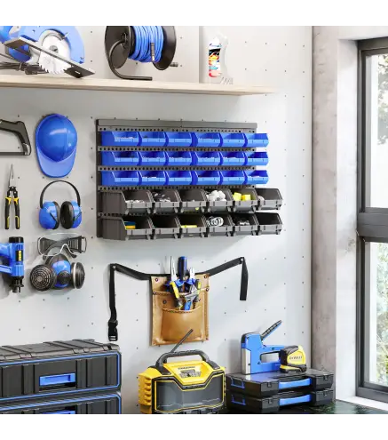 Estantería de Pared para Herramientas de 33 Piezas 63x18x37,5 cm con 30 Cajas Desmontable y 2 Paneles Azul y Gris