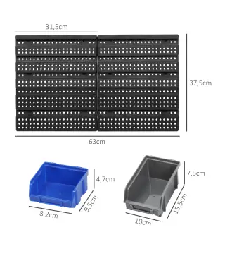 Estantería de Pared para Herramientas de 33 Piezas 63x18x37,5 cm con 30 Cajas Desmontable y 2 Paneles Azul y Gris