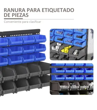 Estantería de Pared para Herramientas de 33 Piezas 63x18x37,5 cm con 30 Cajas Desmontable y 2 Paneles Azul y Gris