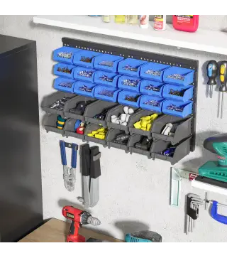Estantería de Pared para Herramientas de 33 Piezas 63x18x37,5 cm con 30 Cajas Desmontable y 2 Paneles Azul y Gris