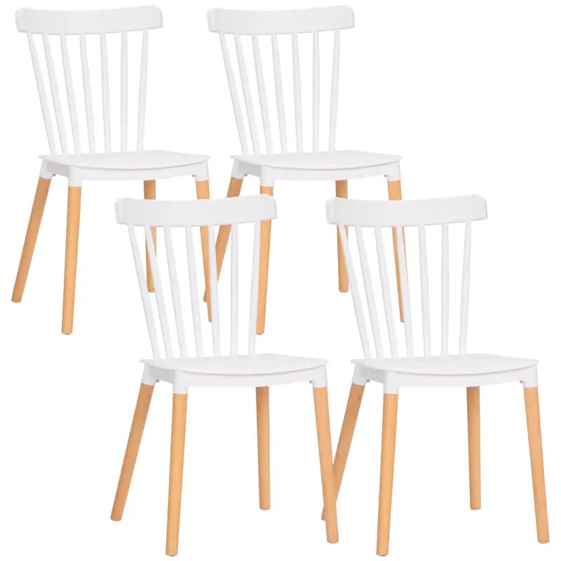 Juego de 4 Sillas de Comedor Estilo Nórdico con Respaldo de Polipropileno y Patas de Madera 48x52,5x83 cm Blanco