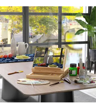 Caballete de Mesa de Madera Caja de Caballete de Pintura Plegable con Cajón y Altura Ajustable 33,5x26x26 cm Natural