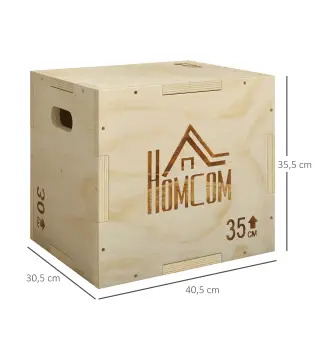 Cajón Pliométrico de Madera 3 en 1 con 2 Mango Hueco para Casa Oficina Gimnasia 40,5x35,5x30,5 cm Madera Natural