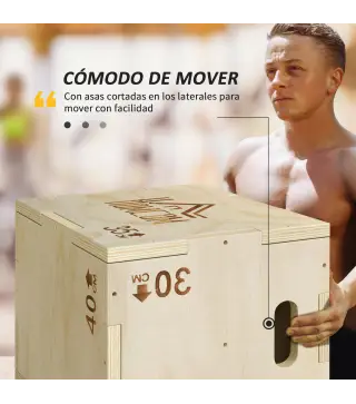 Cajón Pliométrico de Madera 3 en 1 con 2 Mango Hueco para Casa Oficina Gimnasia 40,5x35,5x30,5 cm Madera Natural