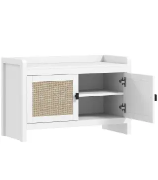 Banco Zapatero con Puertas Frentes de Ratán Balda Extraíble para Entrada o Dormitorio 80x35x52 cm Blanco y Beige