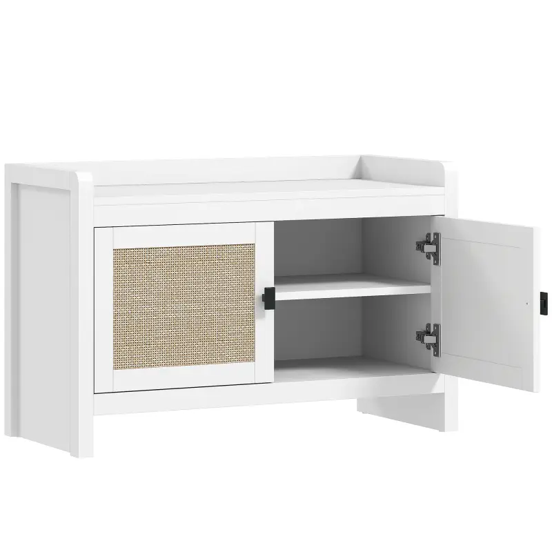 Banco Zapatero con Puertas Frentes de Ratán Balda Extraíble para Entrada o Dormitorio 80x35x52 cm Blanco y Beige