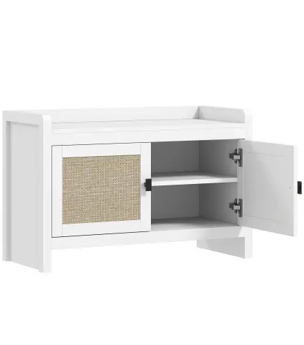 Banco Zapatero con Puertas Frentes de Ratán Balda Extraíble para Entrada o Dormitorio 80x35x52 cm Blanco y Beige