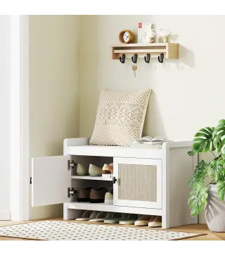 Banco Zapatero con Puertas Frentes de Ratán Balda Extraíble para Entrada o Dormitorio 80x35x52 cm Blanco y Beige