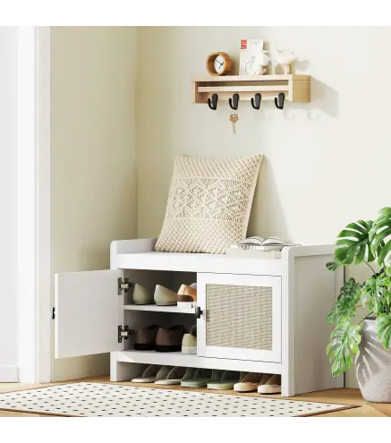 Banco Zapatero con Puertas Frentes de Ratán Balda Extraíble para Entrada o Dormitorio 80x35x52 cm Blanco y Beige