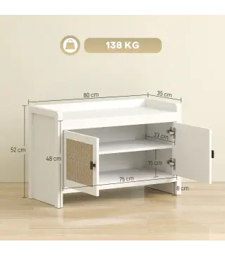 Banco Zapatero con Puertas Frentes de Ratán Balda Extraíble para Entrada o Dormitorio 80x35x52 cm Blanco y Beige