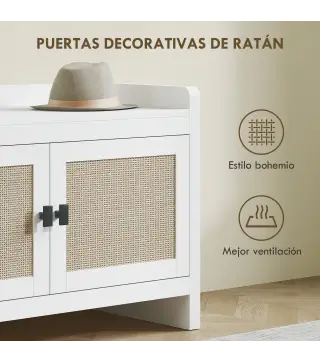 Banco Zapatero con Puertas Frentes de Ratán Balda Extraíble para Entrada o Dormitorio 80x35x52 cm Blanco y Beige