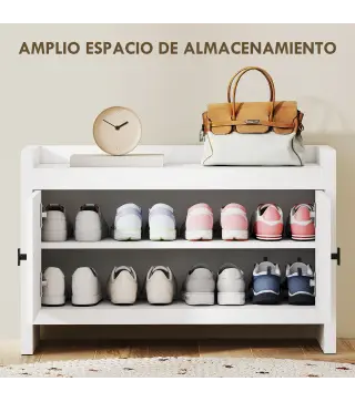Banco Zapatero con Puertas Frentes de Ratán Balda Extraíble para Entrada o Dormitorio 80x35x52 cm Blanco y Beige