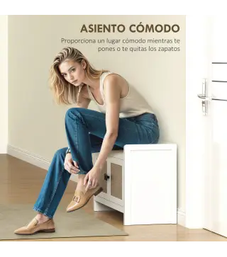 Banco Zapatero con Puertas Frentes de Ratán Balda Extraíble para Entrada o Dormitorio 80x35x52 cm Blanco y Beige