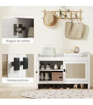 Banco Zapatero con Puertas Frentes de Ratán Balda Extraíble para Entrada o Dormitorio 80x35x52 cm Blanco y Beige