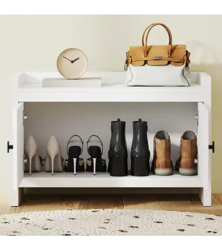 Banco Zapatero con Puertas Frentes de Ratán Balda Extraíble para Entrada o Dormitorio 80x35x52 cm Blanco y Beige