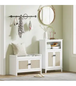 Banco Zapatero con Puertas Frentes de Ratán Balda Extraíble para Entrada o Dormitorio 80x35x52 cm Blanco y Beige