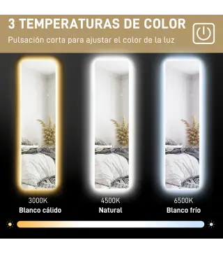Espejo de Cuerpo Entero con Luz LED 150x40 cm con Iluminación de 3 Colores Función de Memoria Transparente