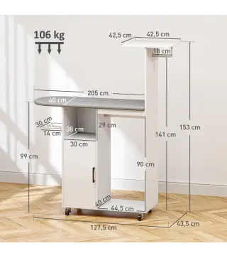 Estación de Planchado con Ruedas Barra para Ropa Tabla de Planchar 127,5x43,5x153 cm Blanco